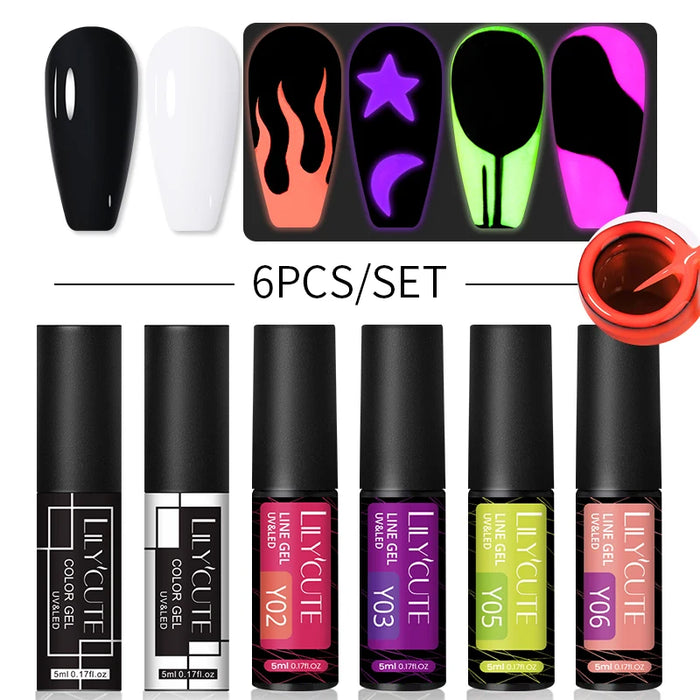 LILYCUTE 6Pcs Colorful Reflective Glitter Nail Art Liner Gel Nail Kit Sparkling Painting Gel Nail Polish Semi Permanent UV Gel