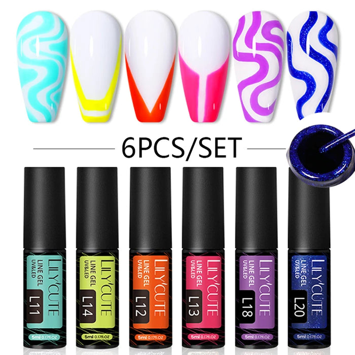 LILYCUTE 6Pcs Colorful Reflective Glitter Nail Art Liner Gel Nail Kit Sparkling Painting Gel Nail Polish Semi Permanent UV Gel