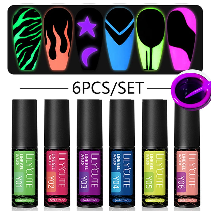 LILYCUTE 6Pcs Colorful Reflective Glitter Nail Art Liner Gel Nail Kit Sparkling Painting Gel Nail Polish Semi Permanent UV Gel