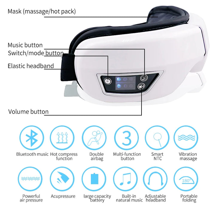 Eye Massager With Heat Smart Airbag Vibration Eye Care Compress Bluetooth Music Eye Massage Relax Fatigue Foldable Portable