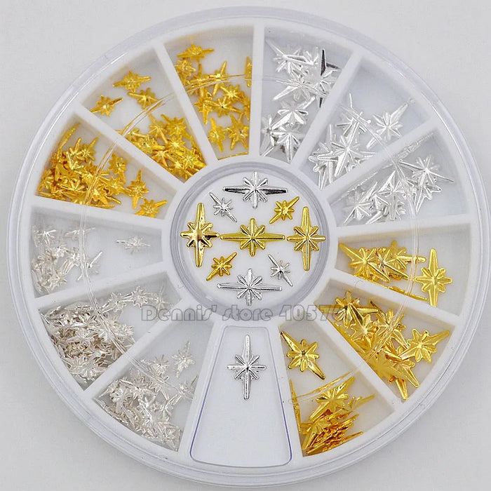 Mix 2 Sizes Gold Silver Starlight Shape Metallic Nail Art Rhinestones Decorations Gem DIY Salon Wheel