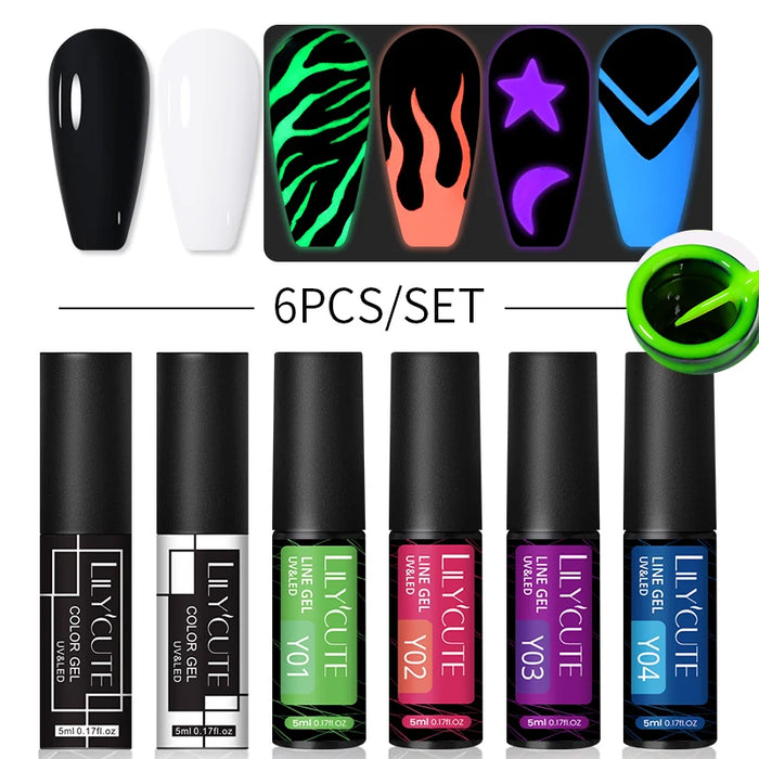 LILYCUTE 6Pcs Colorful Reflective Glitter Nail Art Liner Gel Nail Kit Sparkling Painting Gel Nail Polish Semi Permanent UV Gel