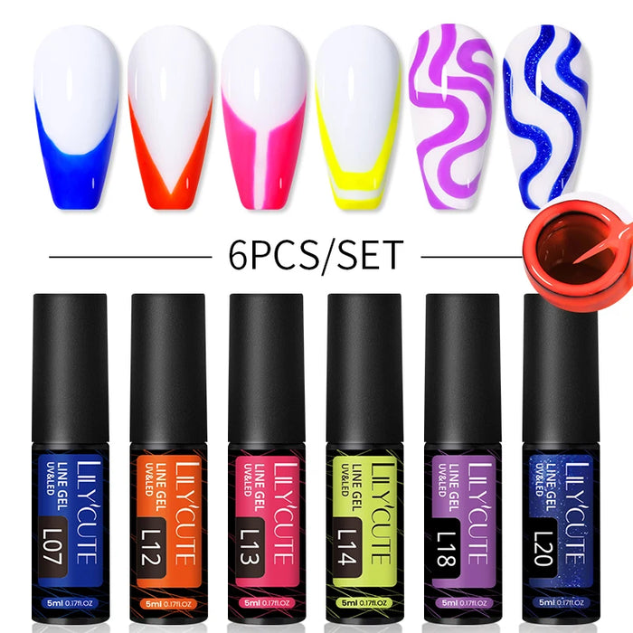 LILYCUTE 6Pcs Colorful Reflective Glitter Nail Art Liner Gel Nail Kit Sparkling Painting Gel Nail Polish Semi Permanent UV Gel