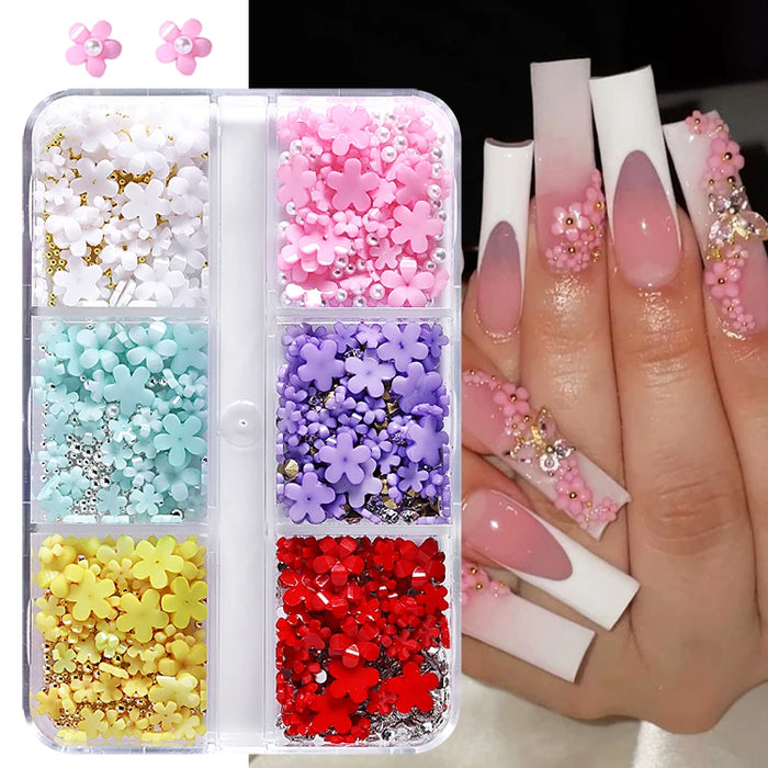 6Grids Acrylic Flower 3D Nail Art Decorations Resin Charms Gold Beads Caviar Pearl Mixed Rhinestones Accessories Manicure