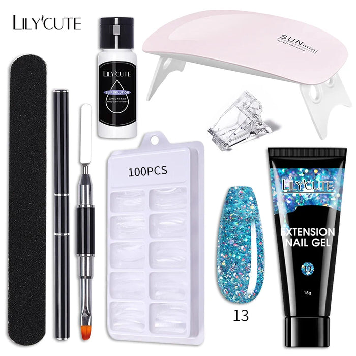 LILYCUTE 15ml Nail Extension Gel Kit With LED Lamp Full Manicure Tool Set Quick Finger Extend Acrylic Crystal Construction Gel