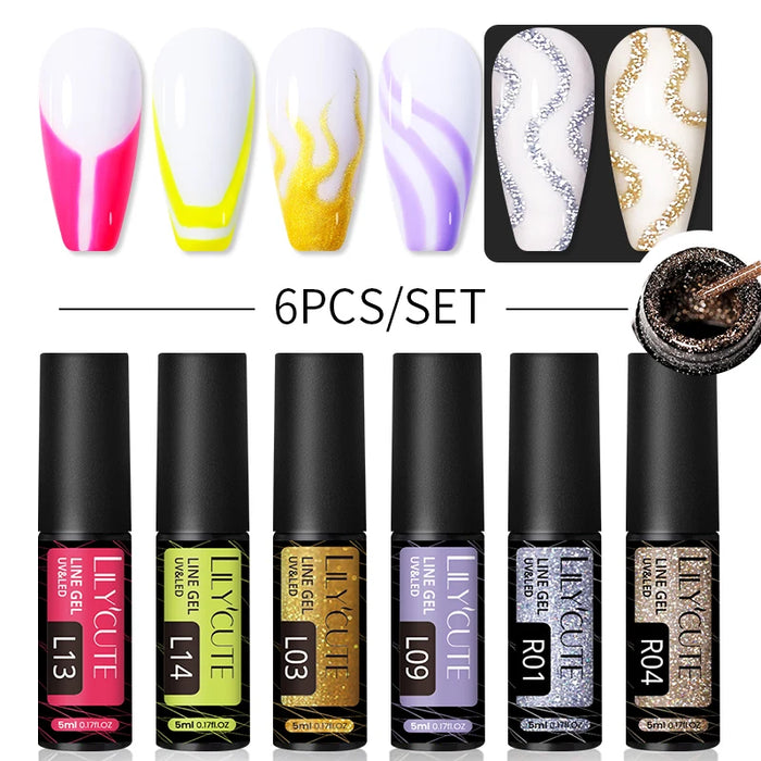 LILYCUTE 6Pcs Colorful Reflective Glitter Nail Art Liner Gel Nail Kit Sparkling Painting Gel Nail Polish Semi Permanent UV Gel