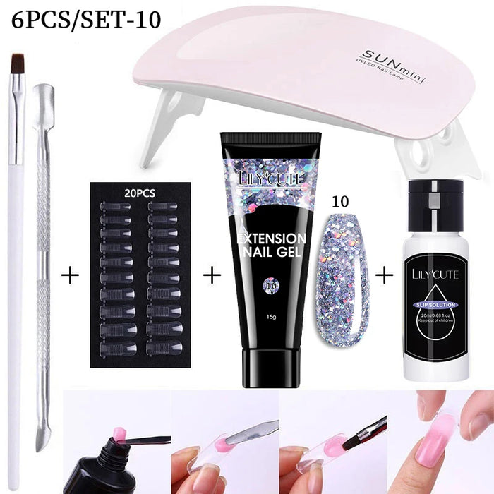 LILYCUTE Full Manicure Set 15ml Quick Extension Gel Kit 6W LED Lamp White Clear Pink Hard Gel Semi Permanent For Nails Tool Kit