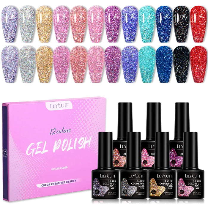 LILYCUTE 12/10PCS Gel Nail Polish Set Spring Summer Nude Glitter Color Semi Permanent Soak Off Manicure Nail Art UV Gel Varnish