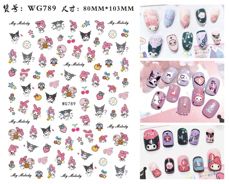 1PCS Cartoon Hello Kitty Nail Stickers Sanrio Nail Art Decoration Kulomi Cinnamon Dog 3D Stickers Nail Decals Press on Nails