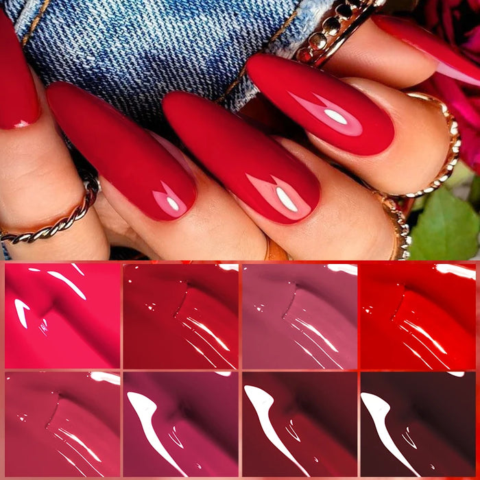 MEET ACROSS 6PCS/SET Red Gel Nail Polish Set Crystal Glitter UV Gel Semi Permanent Manicure Kit  Base Matte Top Coat Nails Art