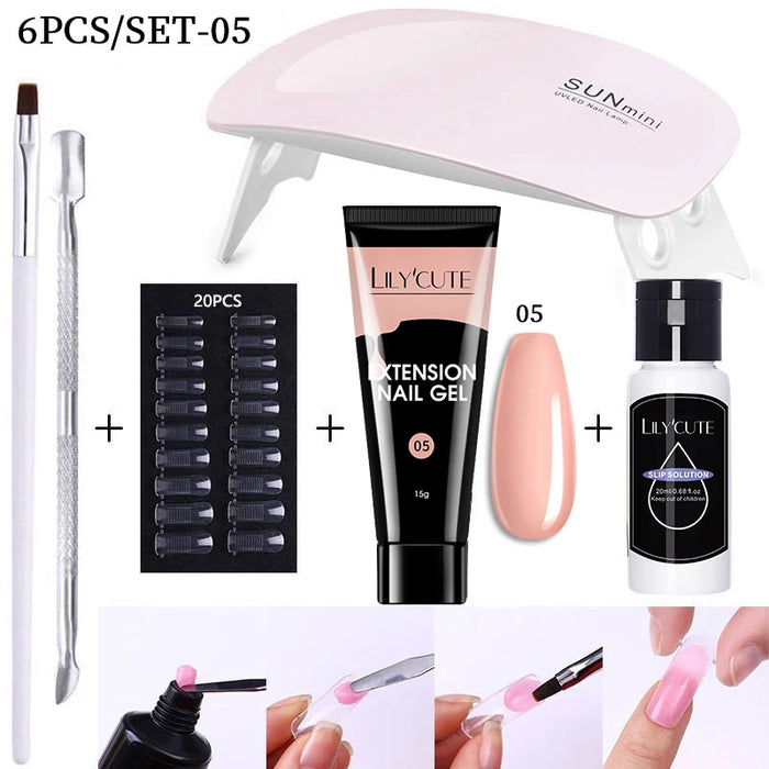 LILYCUTE 15ml Nail Extension Gel Kit With LED Lamp Full Manicure Tool Set Quick Finger Extend Acrylic Crystal Construction Gel