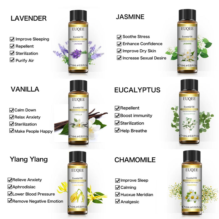 EUQEE 10ml Natural Plant Essential Oil with Dropper For Diffuser Humidifier Lavender Jasmine Eucalyptus Vanilla Essential Oils