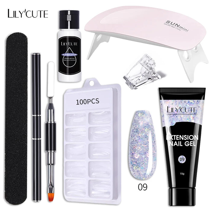 LILYCUTE Full Manicure Set 15ml Quick Extension Gel Kit 6W LED Lamp White Clear Pink Hard Gel Semi Permanent For Nails Tool Kit