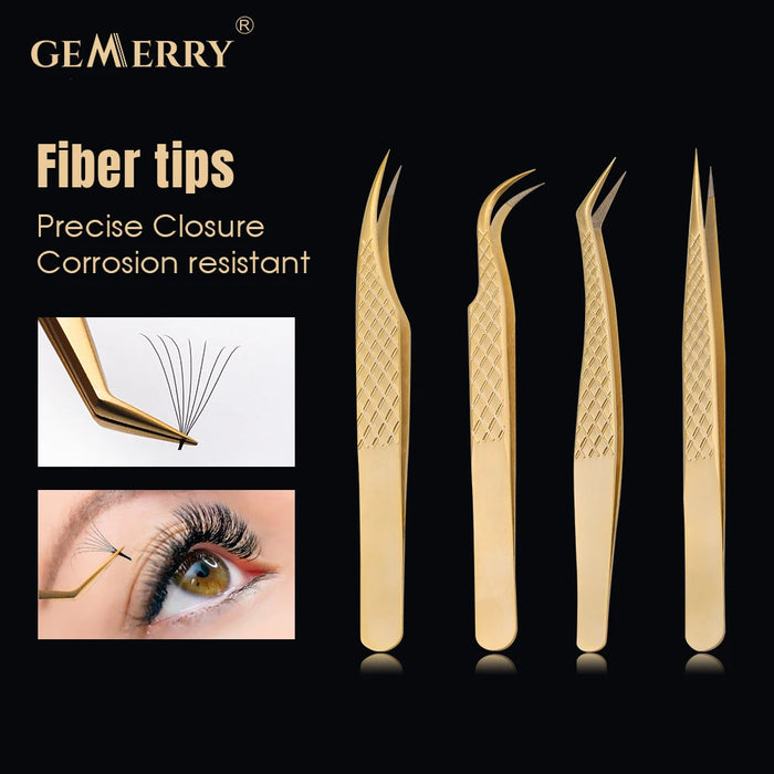 1 Pcs Eyelash Extension Tweezers With Fiber Tips Golden Stainless Steel High Precision Tweezer for Volume Fans Makeup Tools