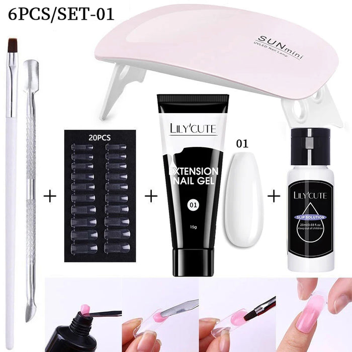 LILYCUTE Full Manicure Set 15ml Quick Extension Gel Kit 6W LED Lamp White Clear Pink Hard Gel Semi Permanent For Nails Tool Kit