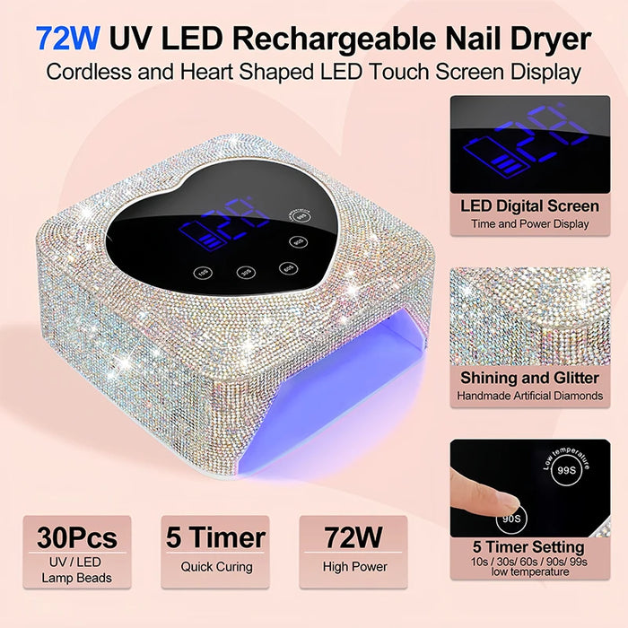 Rechargeable UV LED Nail Lamp 72W Cordless UV Light for Nails With Rhinestone Heart Shaped Manicure Pedicure Machine Nail Tools