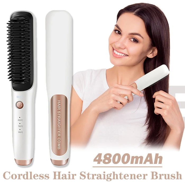 4800mAh Cordless Hair Straightener Brush Electric Hair Smoothing Brush Beard Straightener for Men Rechargeable Heating Comb