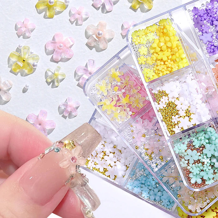 6Grids Acrylic Flower 3D Nail Art Decorations Resin Charms Gold Beads Caviar Pearl Mixed Rhinestones Accessories Manicure