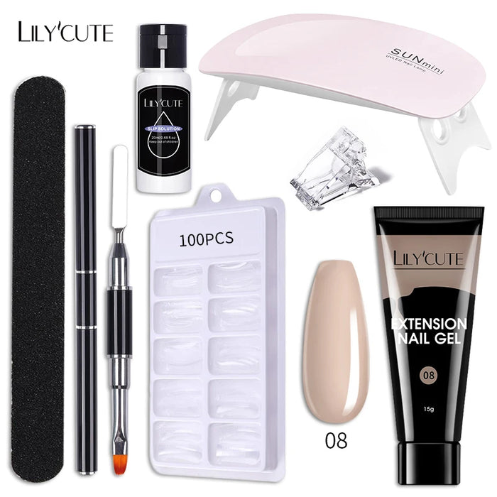 LILYCUTE Full Manicure Set 15ml Quick Extension Gel Kit 6W LED Lamp White Clear Pink Hard Gel Semi Permanent For Nails Tool Kit