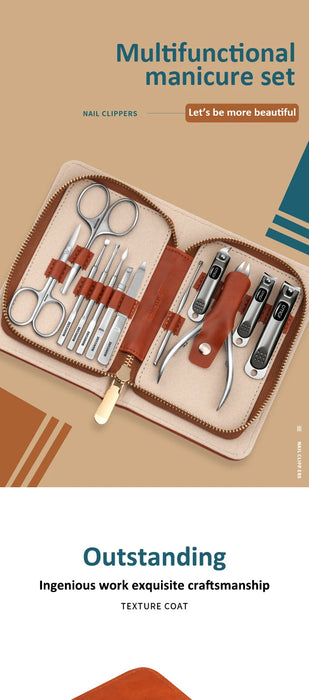 Manicure Set With Morandi Grey Top-Grade Full Grain Cow Leather Packaging Nail Clipper Kits Perfect Gift Friends Family