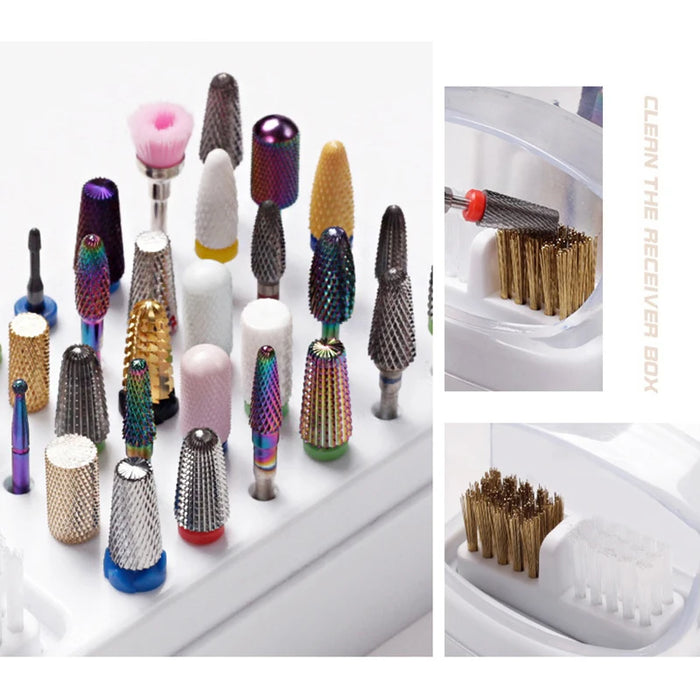 30 Holes Nail Drill Bits Holder Clear Dust Proof Drill Bit Case for Acrylic Nail Drill Bits Storage Nail Tools With Brush