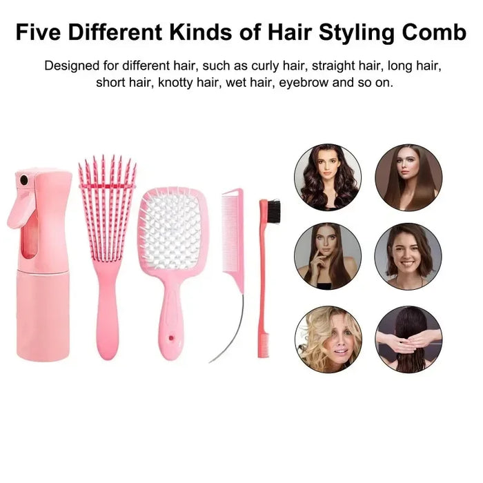 5pcs/set Detangling Hair Brush Curly Hair Curved Rat Tail Comb Set Natural Wet Curly Untangle Hair Brush Barber Salon Hair Tools