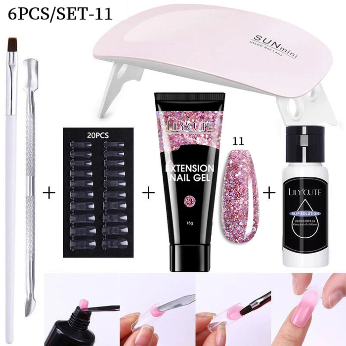 LILYCUTE 15ml Nail Extension Gel Kit With LED Lamp Full Manicure Tool Set Quick Finger Extend Acrylic Crystal Construction Gel