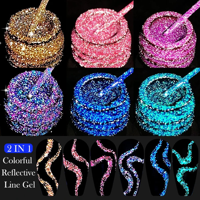 LILYCUTE 6Pcs Colorful Reflective Glitter Nail Art Liner Gel Nail Kit Sparkling Painting Gel Nail Polish Semi Permanent UV Gel