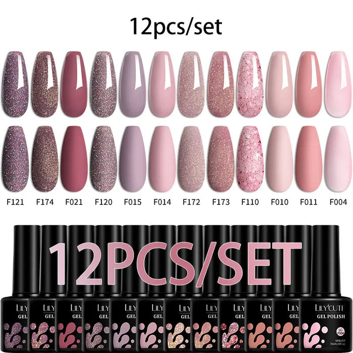 LILYCUTE 12/10PCS Gel Nail Polish Set Spring Summer Nude Glitter Color Semi Permanent Soak Off Manicure Nail Art UV Gel Varnish