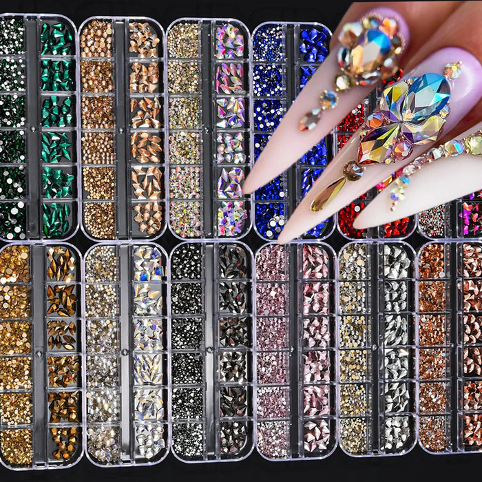 12 Colors Luxury Crystal Nail Art Rhinestones 3D Mixed-Shape Clear/AB Glitter Diamond DIY 12Grids/Boxed Manicure Glitter Stone