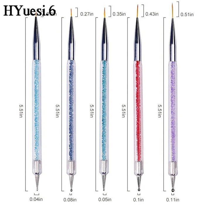 5pcs/Set 2 In 1 Dual-Ended Nail Art Liner Brushes With Crystal Handle Professional UV Gel Dotting Painting Drawing Pen DIY Tools