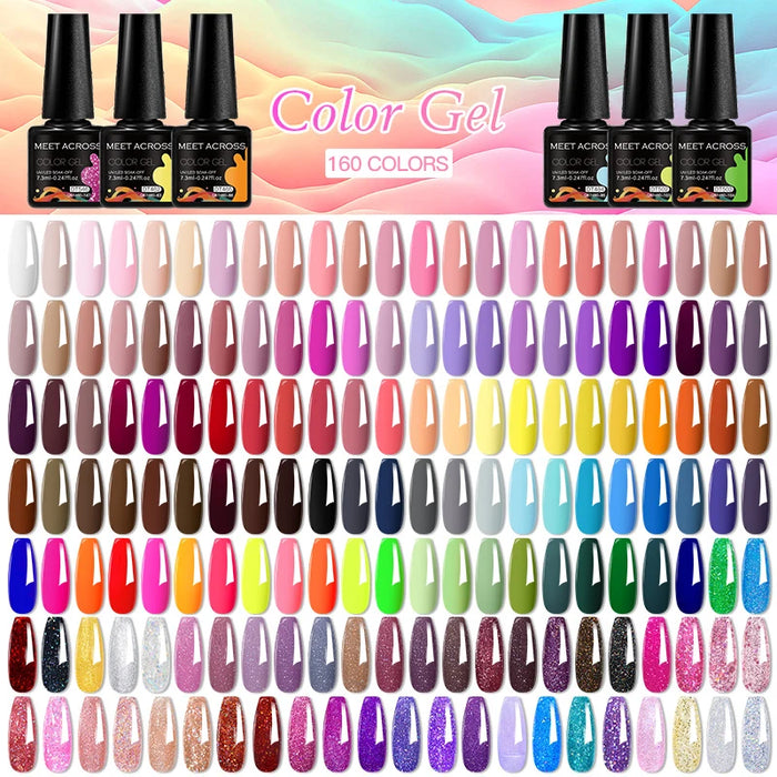 MEET ACROSS 160 Colors 7.3ml Gel Nail Polish Pink Green Blue Fluorescent Summer Glitter Varnish Semi Permanent Nail Art Gel