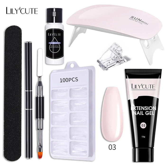 LILYCUTE Full Manicure Set 15ml Quick Extension Gel Kit 6W LED Lamp White Clear Pink Hard Gel Semi Permanent For Nails Tool Kit