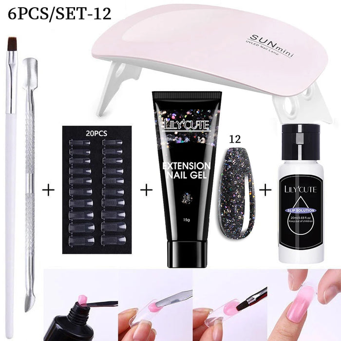 LILYCUTE 15ml Nail Extension Gel Kit With LED Lamp Full Manicure Tool Set Quick Finger Extend Acrylic Crystal Construction Gel