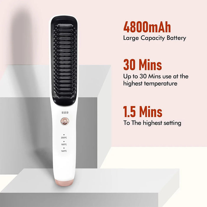 4800mAh Cordless Hair Straightener Brush Electric Hair Smoothing Brush Beard Straightener for Men Rechargeable Heating Comb