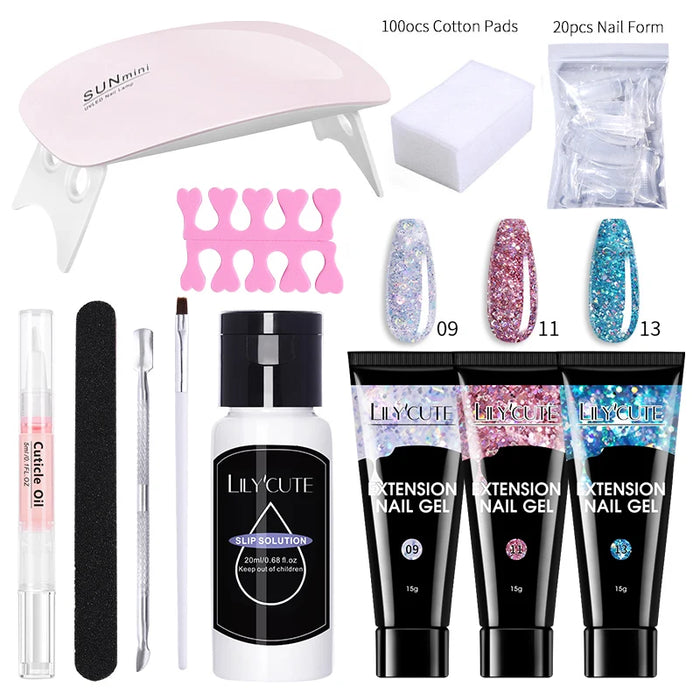 LILYCUTE Full Manicure Set 15ml Quick Extension Gel Kit 6W LED Lamp White Clear Pink Hard Gel Semi Permanent For Nails Tool Kit