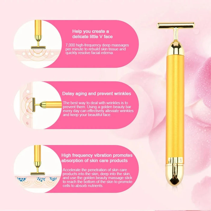 24K Gold T Beauty Bar Energy Roller Electric Face-lifting Facial Massage Beauty Instrument Waterproof Vibrating Face Care Stick