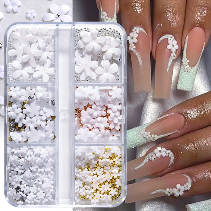 6Grids Acrylic Flower 3D Nail Art Decorations Resin Charms Gold Beads Caviar Pearl Mixed Rhinestones Accessories Manicure