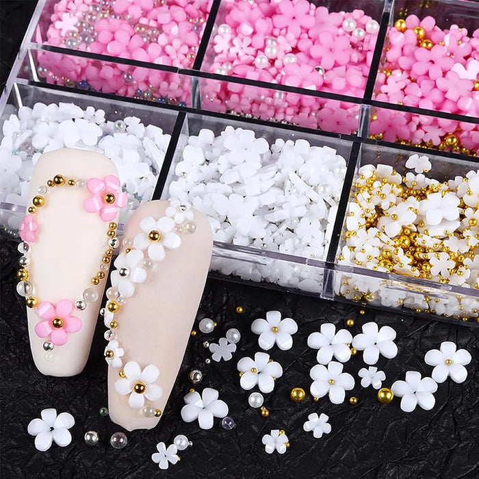 6Grid 3D Mixed Pink White Small Flower Nail Art Charms With Gold Silver Beads Kawaii Resin Fashion Cartoon Nail Decorations DIY