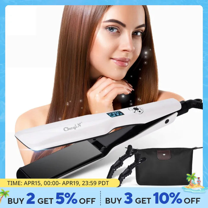 CkeyiN 44mm Tourmaline Ceramic Hair Straightener LCD Display Fast Heating Flat Iron Adjustable Temperature Straightening Iron