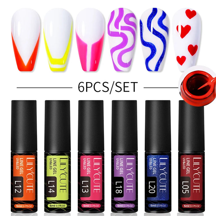 LILYCUTE 6Pcs Colorful Reflective Glitter Nail Art Liner Gel Nail Kit Sparkling Painting Gel Nail Polish Semi Permanent UV Gel