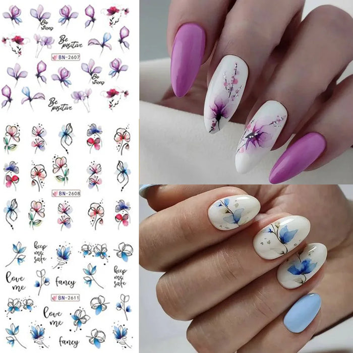 12 pcs Nail Sticker Set Summer Water Decal Nail Art Ink Flowers Leaves Graffiti Slider for Nail Decoration Foils Tattoo