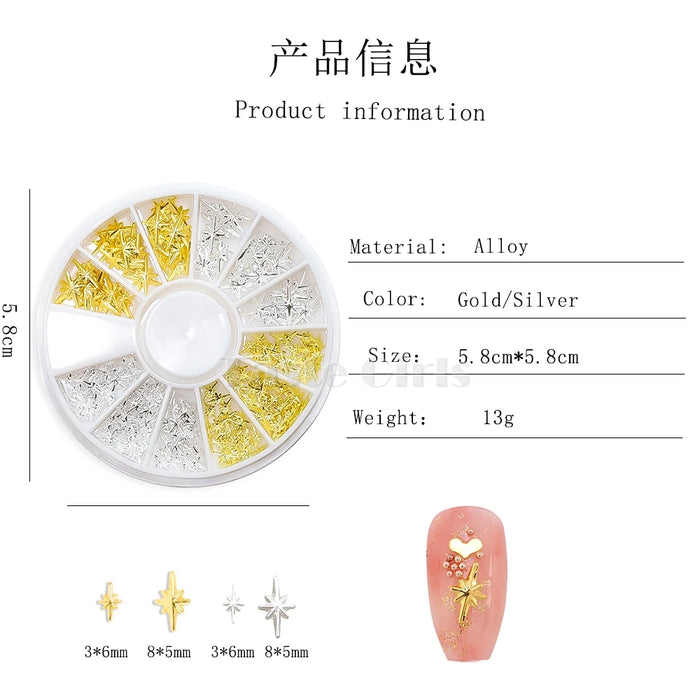 Mix 2 Sizes Gold Silver Starlight Shape Metallic Nail Art Rhinestones Decorations Gem DIY Salon Wheel