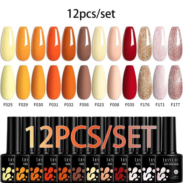 LILYCUTE 12/10PCS Gel Nail Polish Set Spring Summer Nude Glitter Color Semi Permanent Soak Off Manicure Nail Art UV Gel Varnish