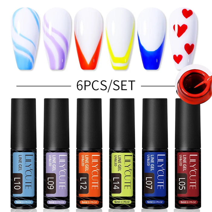 LILYCUTE 6Pcs Colorful Reflective Glitter Nail Art Liner Gel Nail Kit Sparkling Painting Gel Nail Polish Semi Permanent UV Gel