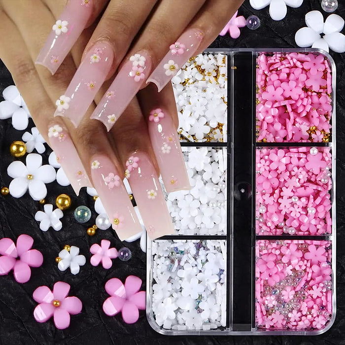 6Grid 3D Mixed Pink White Small Flower Nail Art Charms With Gold Silver Beads Kawaii Resin Fashion Cartoon Nail Decorations DIY