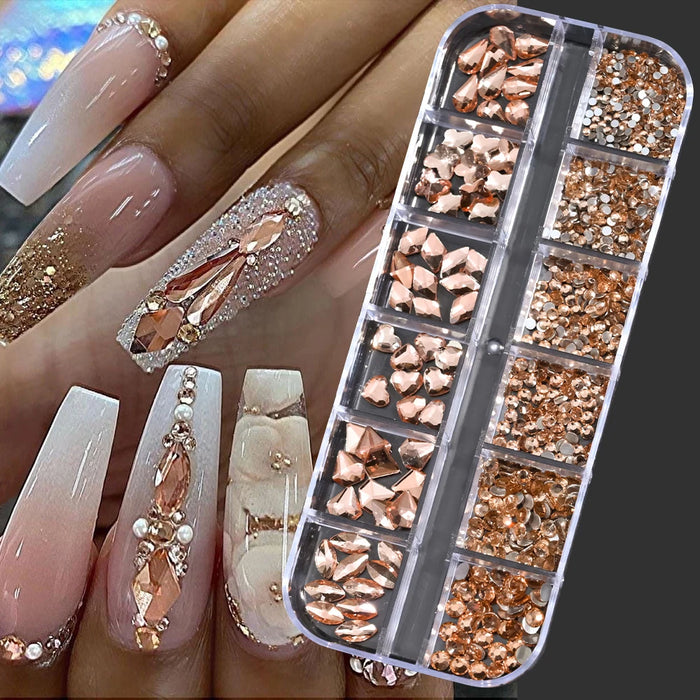 12 Colors Luxury Crystal Nail Art Rhinestones 3D Mixed-Shape Clear/AB Glitter Diamond DIY 12Grids/Boxed Manicure Glitter Stone