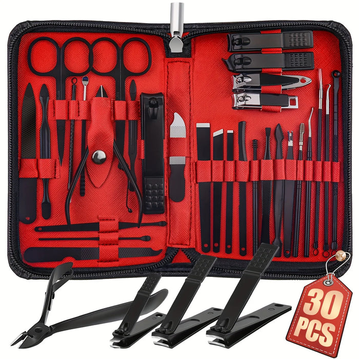 Red-black 30 Pcs Manicure Set Professional Nail Clipper Set Stainless Steel Solid Manicure Kit Nail Care Kit With Pink Case Gift