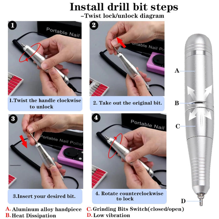 High Speed 45000RPM Rechargeable Nail Drill Machine with LCD Low Noise Professional Nail Polish Sander Nails Accessories Set