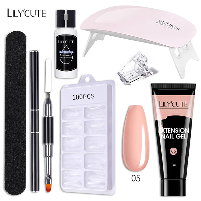 LILYCUTE Full Manicure Set 15ml Quick Extension Gel Kit 6W LED Lamp White Clear Pink Hard Gel Semi Permanent For Nails Tool Kit